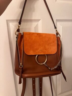Chloé Orange Suede Flap Brown Leather Backpack with Gold Ring